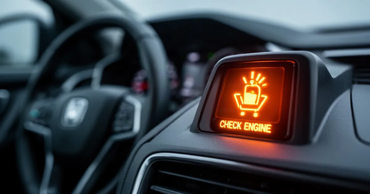 Świecąca na pomarańczowo ikona check engine na desce rozdzielczej samochodu z rozmytą kierownicą w tle.