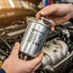 Zbliżenie dłoni mechanika wymieniających cylindryczny filtr paliwa w silniku diesla w profesjonalnym warsztacie.
