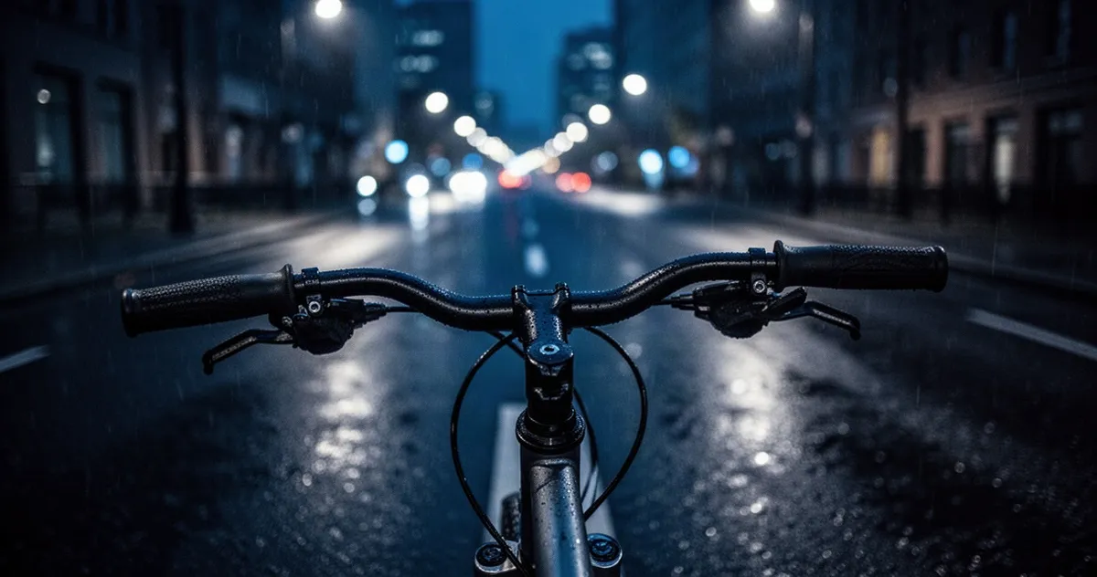Kierownica roweru na mokrym, asfaltowym asfalcie nocą w świetle ulicznych latarni na tle rozmytego miasta.