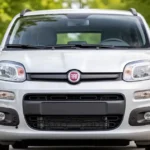 Srebrny Fiat Panda III zaparkowany na zewnątrz na tle rozmytej zieleni drzew w świetle dziennym.