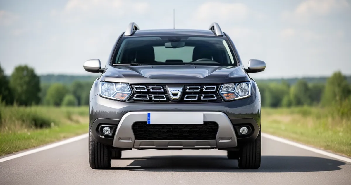 Metaliczny szary SUV Dacia Duster II zaparkowany na asfaltowej drodze na tle rozmytego zielonego krajobrazu.