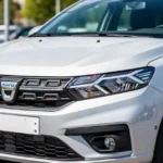 Zbliżenie na przód nowoczesnej Dacii Sandero III w kolorze srebrnym z wyraźnym grillem i reflektorami na rozmytym tle.
