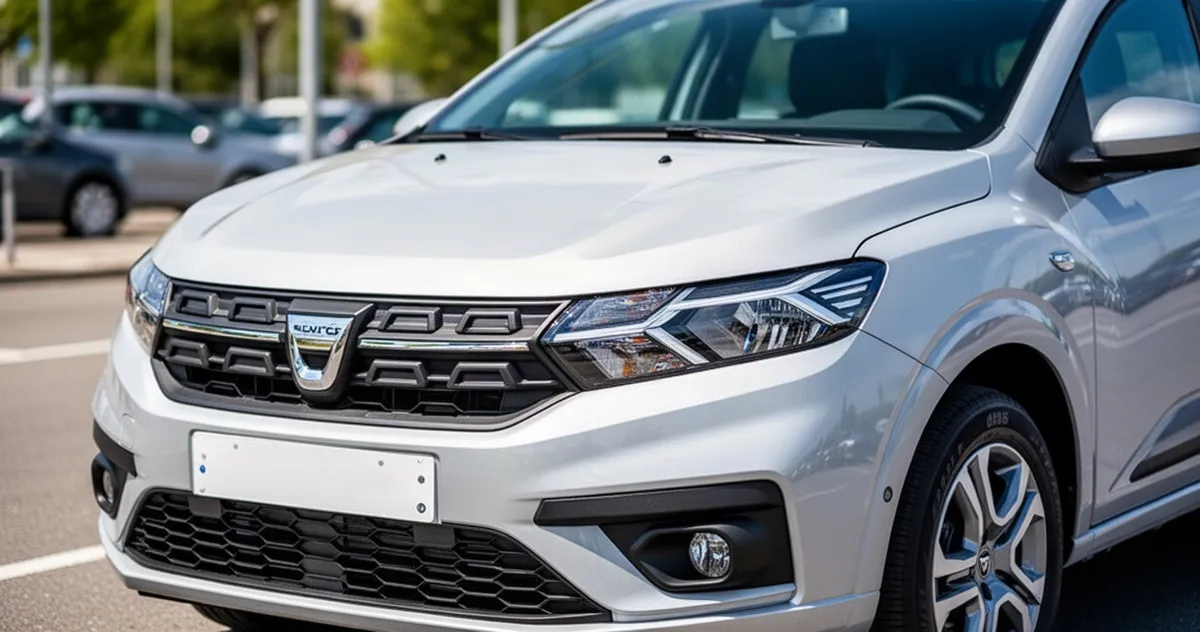 Zbliżenie na przód nowoczesnej Dacii Sandero III w kolorze srebrnym z wyraźnym grillem i reflektorami na rozmytym tle.