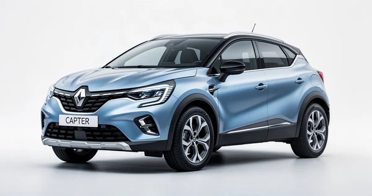 Nowoczesny SUV Renault Captur II w kolorze srebrnym, widok z przodu pod kątem na neutralnym tle.