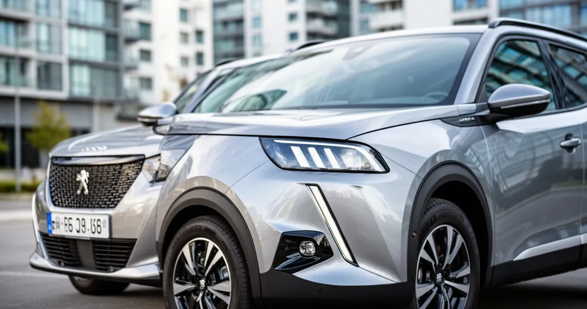 Srebrny SUV Peugeot 2008 II zaparkowany pod kątem, widoczny nowoczesny przód z charakterystycznymi światłami LED.