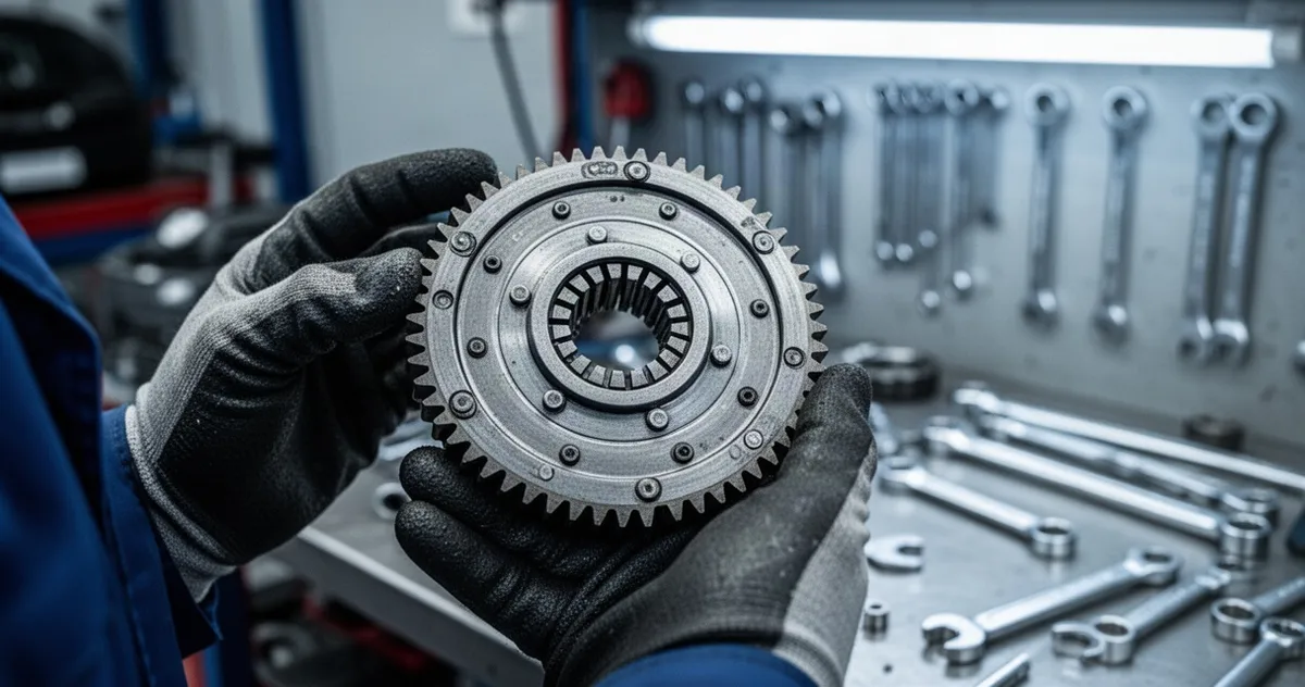 Mechanik w rękawicach trzymający tarczę sprzęgła samochodowego, pokazujący właściwą stronę montażową w warsztacie.