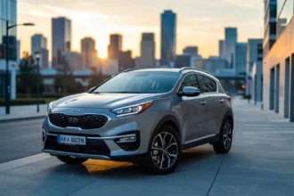 Nowoczesna Kia Sportage V zaparkowana na miejskiej ulicy o zachodzie słońca, na tle rozmytej panoramy miasta.