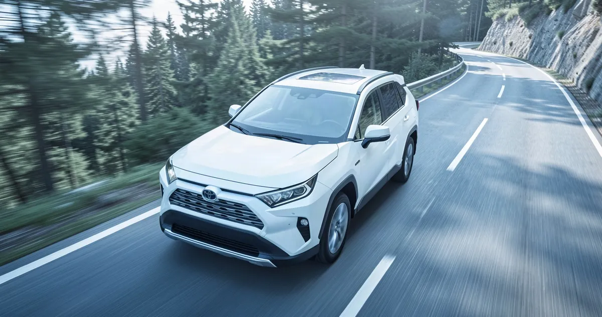 Biała Toyota RAV4 jadąca asfaltową drogą wśród gór i lasu w świetle dziennym.