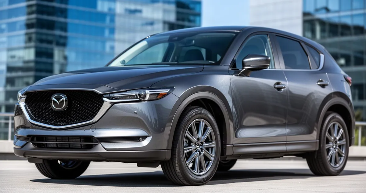 Metalicznie szara Mazda CX-5 II widziana z przodu pod kątem na tle nowoczesnych szklanych budynków w słoneczny dzień.