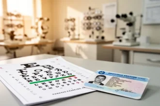 Tabela okulistyczna do badania wzroku oraz prawo jazdy leżące na klinicznym stole w gabinecie optometrycznym.