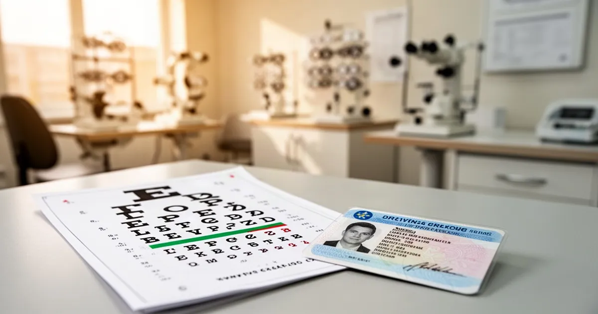 Tabela okulistyczna do badania wzroku oraz prawo jazdy leżące na klinicznym stole w gabinecie optometrycznym.