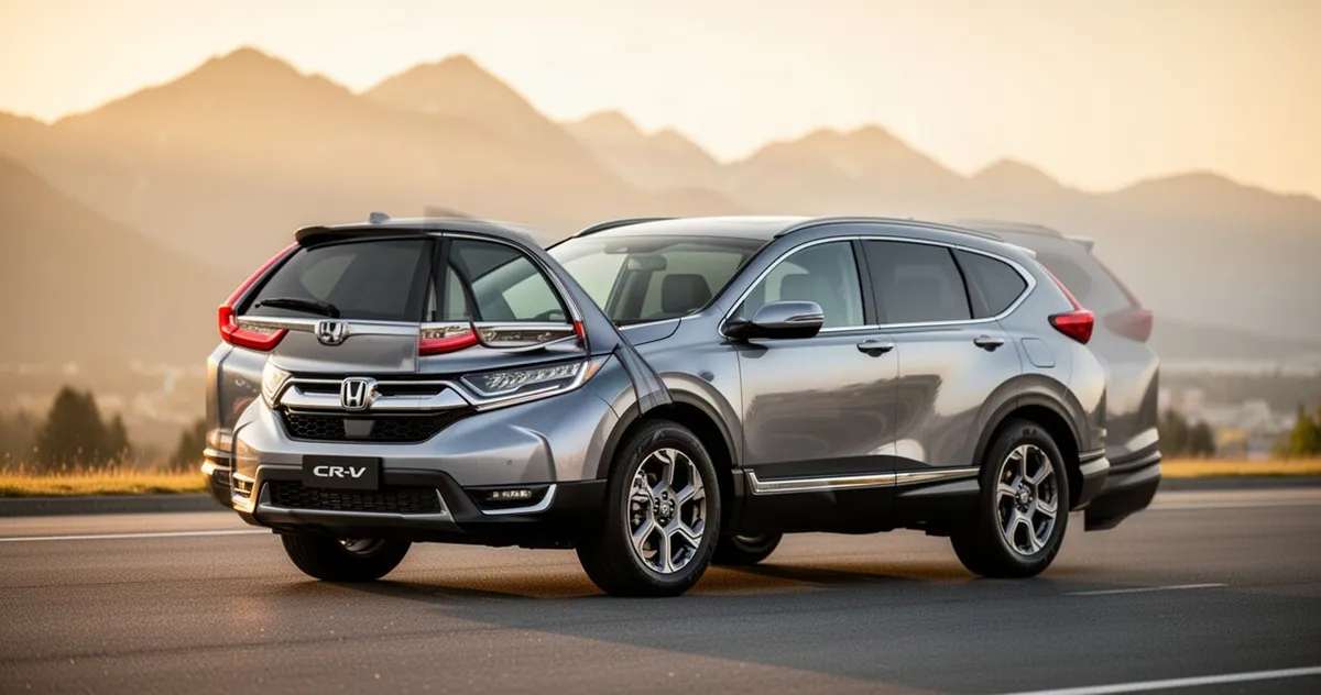 Srebrna Honda CR-V V zaparkowana na asfaltowej drodze w otoczeniu górskiego krajobrazu podczas złotej godziny.