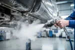 Mechanik czyści zaolejone podwozie samochodu strumieniem suchego lodu, z widocznymi kłębami białej pary w profesjonalnym wars