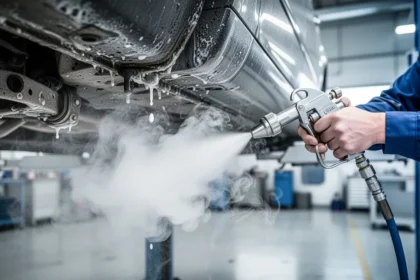 Mechanik czyści zaolejone podwozie samochodu strumieniem suchego lodu, z widocznymi kłębami białej pary w profesjonalnym wars