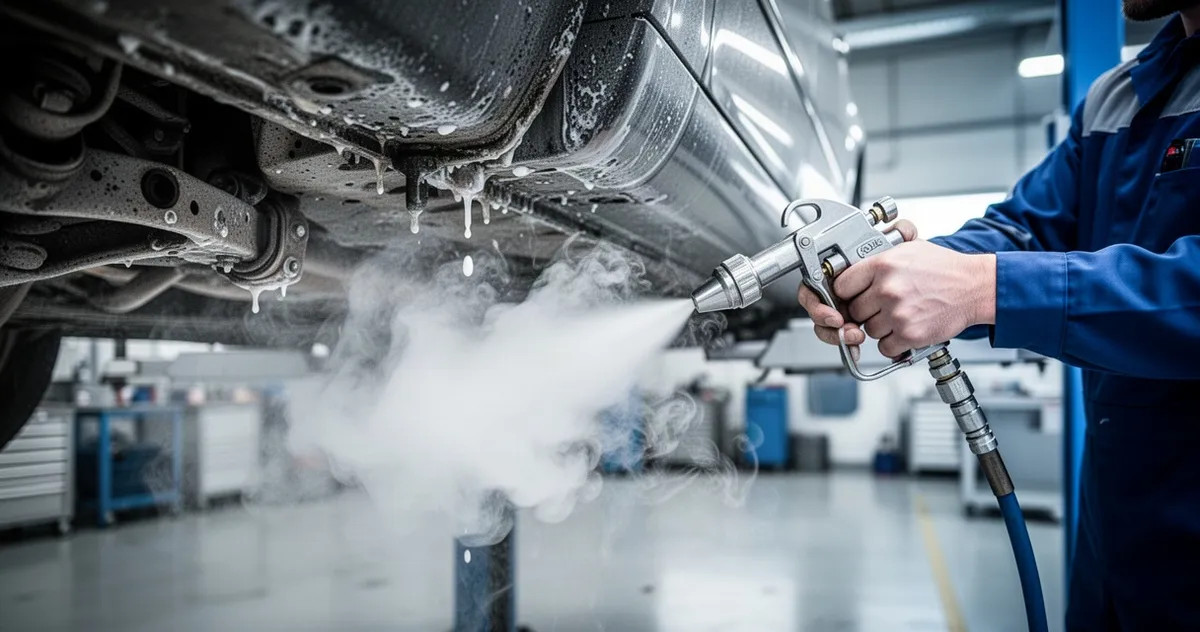 Mechanik czyści zaolejone podwozie samochodu strumieniem suchego lodu, z widocznymi kłębami białej pary w profesjonalnym wars