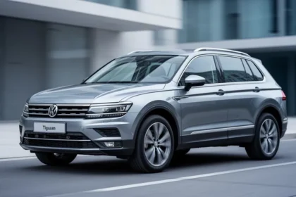 Srebrny Volkswagen Tiguan zaparkowany na nowoczesnej, minimalistycznej ulicy w świetle dziennym.