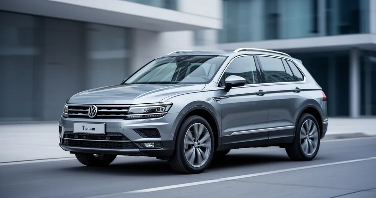 Srebrny Volkswagen Tiguan zaparkowany na nowoczesnej, minimalistycznej ulicy w świetle dziennym.