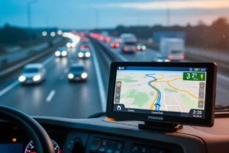 Ekran nawigacji GPS z wyznaczoną trasą zamontowany na desce rozdzielczej ciężarówki, w tle rozmyta autostrada.