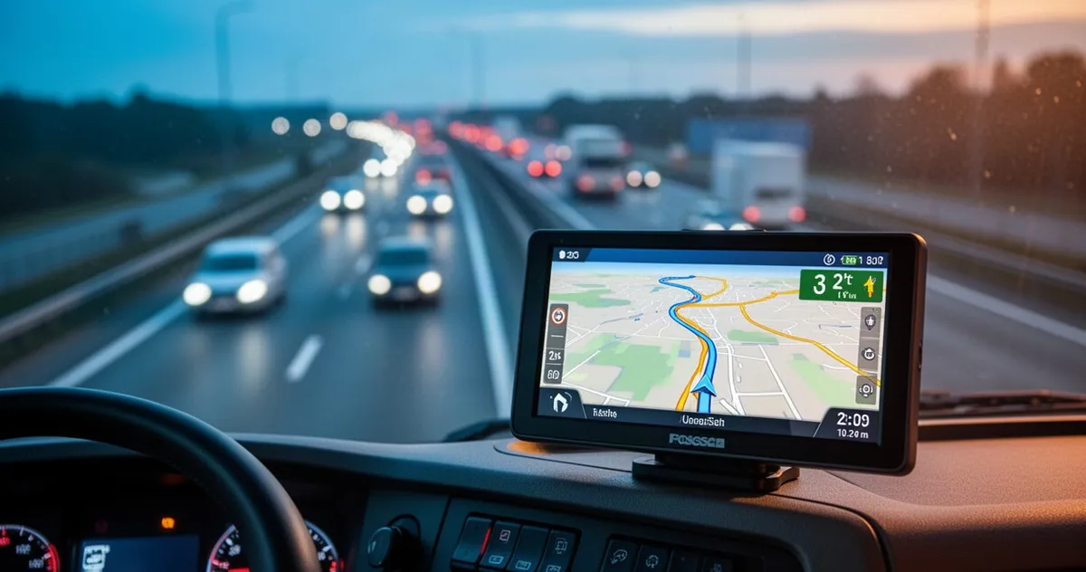 Ekran nawigacji GPS z wyznaczoną trasą zamontowany na desce rozdzielczej ciężarówki, w tle rozmyta autostrada.