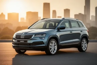Nowoczesna Skoda Karoq zaparkowana na asfalcie w świetle zachodzącego słońca na tle rozmytego krajobrazu miejskiego.
