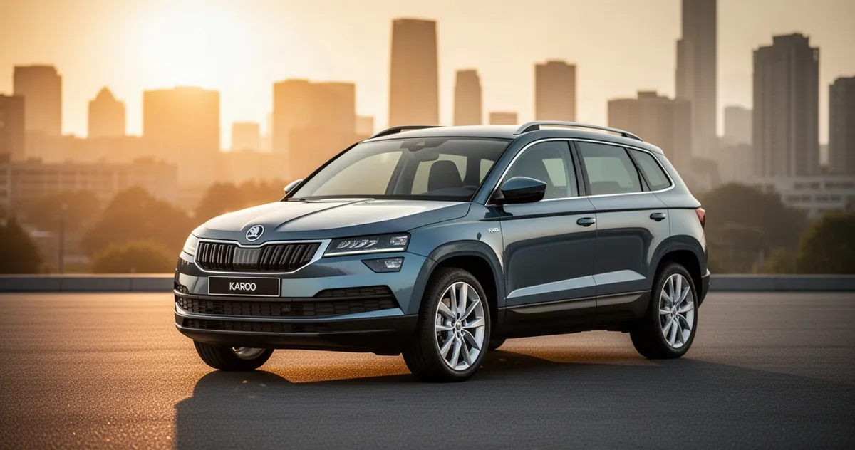 Nowoczesna Skoda Karoq zaparkowana na asfalcie w świetle zachodzącego słońca na tle rozmytego krajobrazu miejskiego.