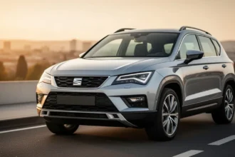 Srebrny Seat Ateca zaparkowany na asfaltowej drodze w promieniach zachodzącego słońca na tle nowoczesnego miasta.