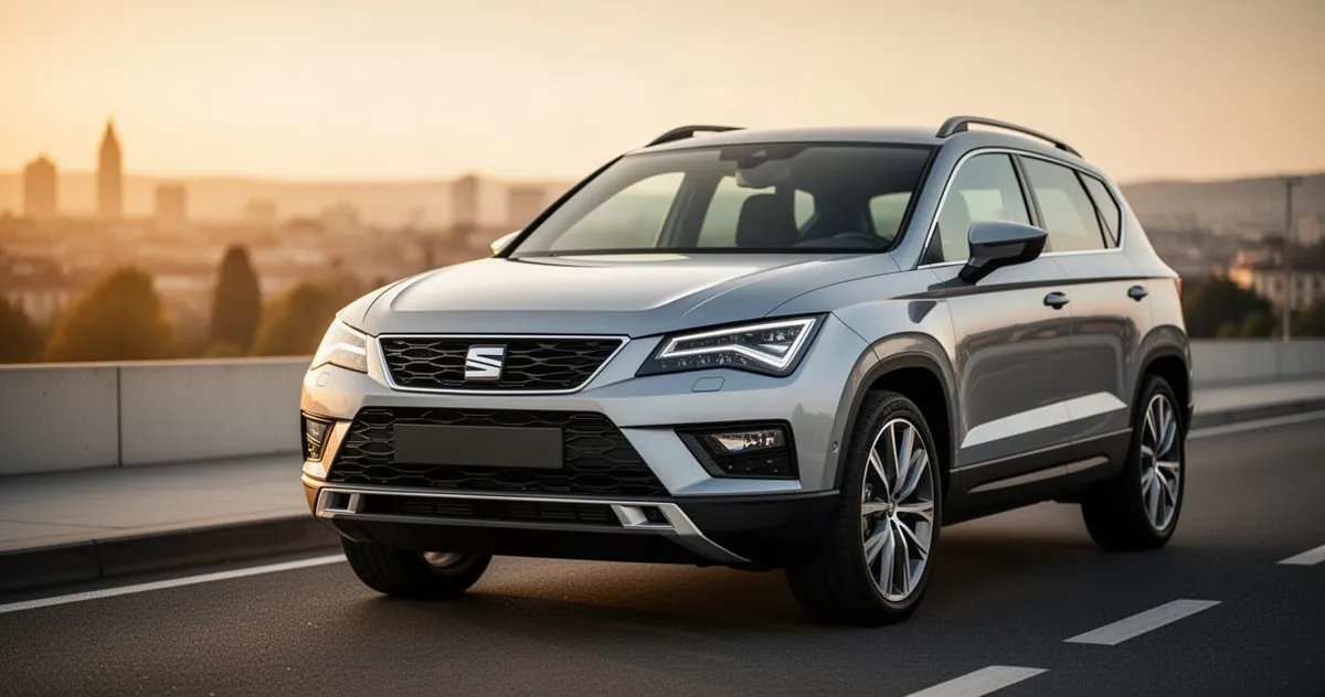 Srebrny Seat Ateca zaparkowany na asfaltowej drodze w promieniach zachodzącego słońca na tle nowoczesnego miasta.