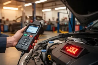Mechanik podłączający skaner diagnostyczny OBD2 do deski rozdzielczej samochodu z aktywną kontrolką check engine.