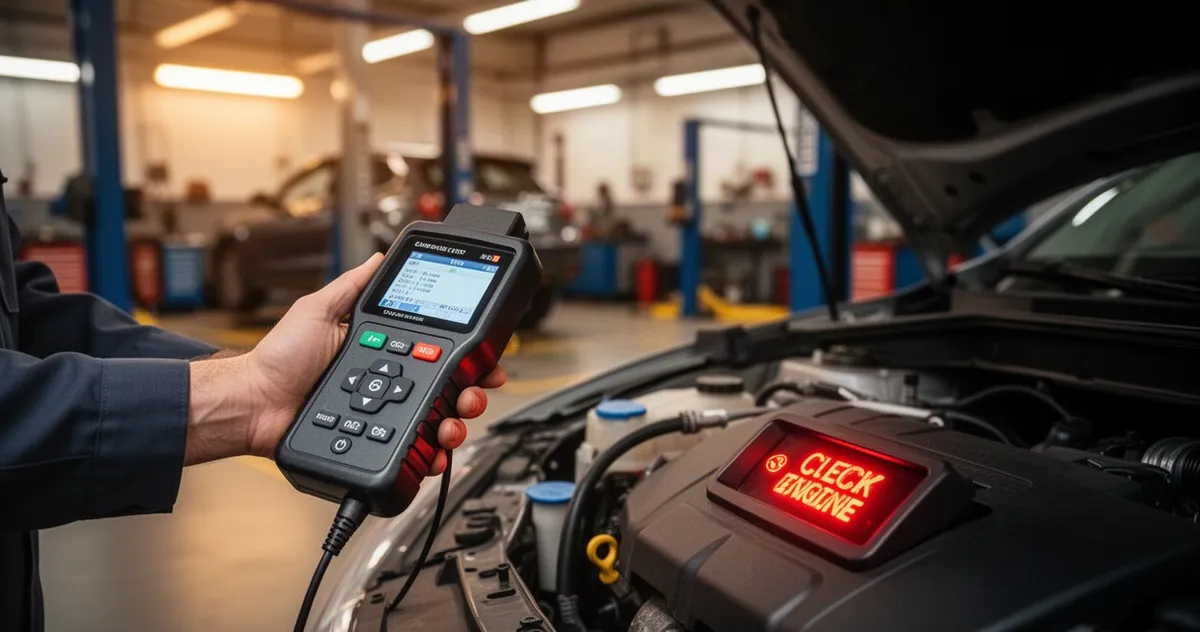 Mechanik podłączający skaner diagnostyczny OBD2 do deski rozdzielczej samochodu z aktywną kontrolką check engine.