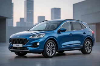 Niebieski Ford Kuga SUV zaparkowany w nowoczesnej miejskiej scenerii w świetle wieczornego miasta.