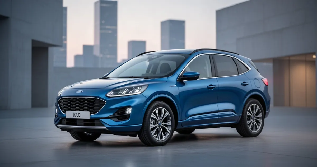 Niebieski Ford Kuga SUV zaparkowany w nowoczesnej miejskiej scenerii w świetle wieczornego miasta.