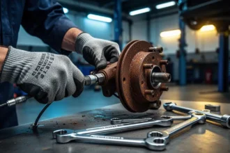 Mechanik w rękawicach naprawia zardzewiałą linkę hamulca ręcznego w samochodzie przy użyciu profesjonalnych narzędzi.