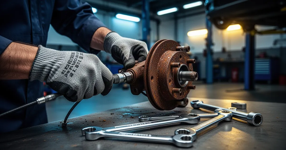 Mechanik w rękawicach naprawia zardzewiałą linkę hamulca ręcznego w samochodzie przy użyciu profesjonalnych narzędzi.