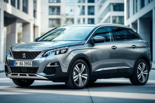Elegancki Peugeot 3008 II zaparkowany na nowoczesnej ulicy w mieście przy świetle dziennym.