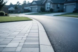 Widok z góry na styk wybrukowanego podjazdu prywatnego i asfaltowej drogi publicznej na tle domów.