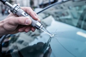 Specjalista za pomocą narzędzia z żywicą naprawia niewielki odprysk na szybie samochodowej.