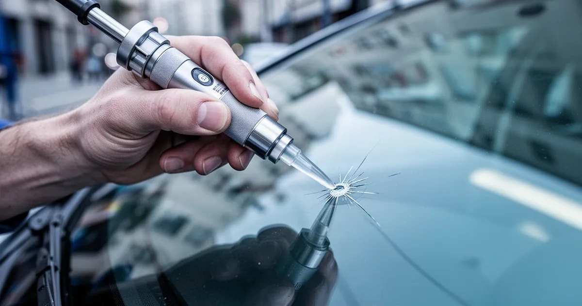 Specjalista za pomocą narzędzia z żywicą naprawia niewielki odprysk na szybie samochodowej.