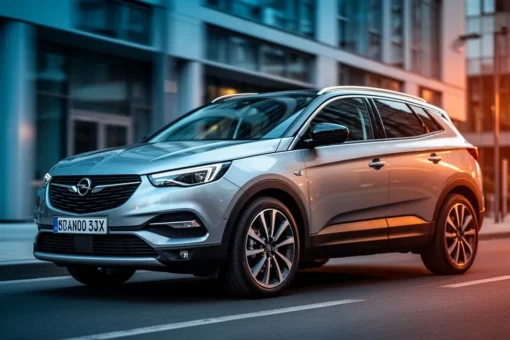 Srebrny Opel Grandland X zaparkowany na nowoczesnej miejskiej ulicy z rozmytą architekturą w tle.