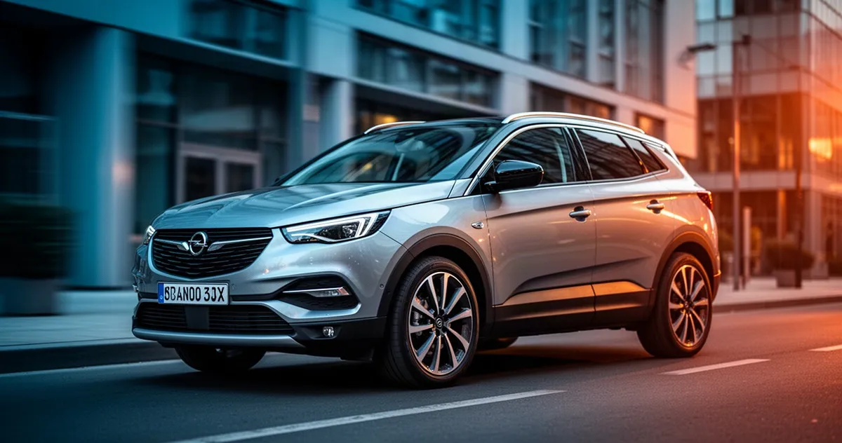 Srebrny Opel Grandland X zaparkowany na nowoczesnej miejskiej ulicy z rozmytą architekturą w tle.