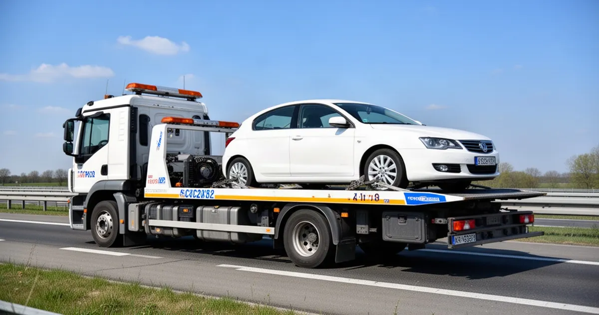 Laweta transportująca samochód osobowy na autostradzie