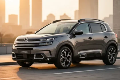 Elegancki Citroen C5 Aircross zaparkowany na nowoczesnej drodze w ciepłym świetle zachodzącego słońca.