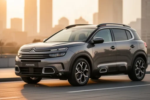 Elegancki Citroen C5 Aircross zaparkowany na nowoczesnej drodze w ciepłym świetle zachodzącego słońca.