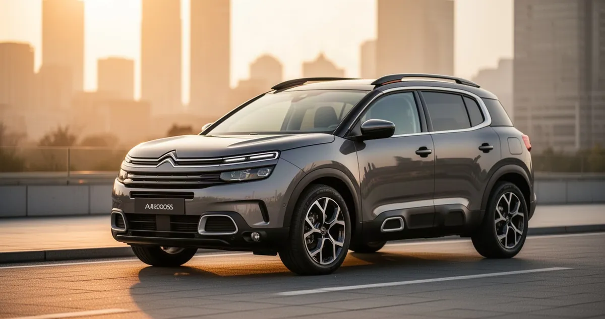 Elegancki Citroen C5 Aircross zaparkowany na nowoczesnej drodze w ciepłym świetle zachodzącego słońca.