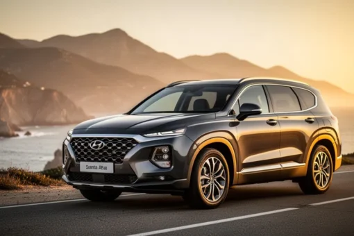 Nowoczesny Hyundai Santa Fe zaparkowany na malowniczej nadmorskiej drodze podczas złotej godziny.