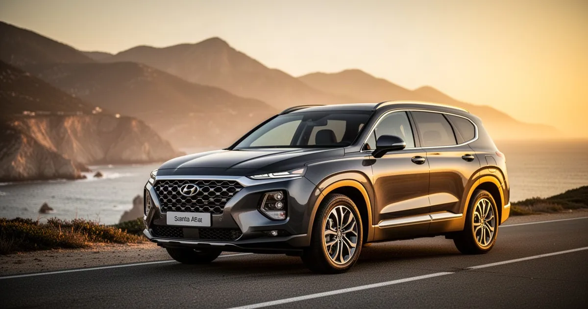 Nowoczesny Hyundai Santa Fe zaparkowany na malowniczej nadmorskiej drodze podczas złotej godziny.