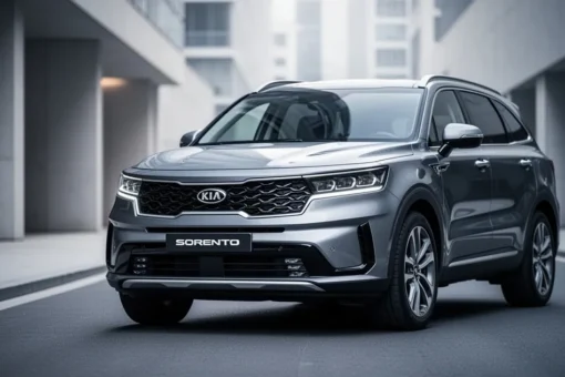 Nowoczesny SUV Kia Sorento zaparkowany na minimalistycznej ulicy miejskiej, widok na dynamiczny grill pojazdu.
