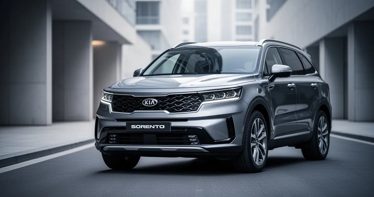 Nowoczesny SUV Kia Sorento zaparkowany na minimalistycznej ulicy miejskiej, widok na dynamiczny grill pojazdu.