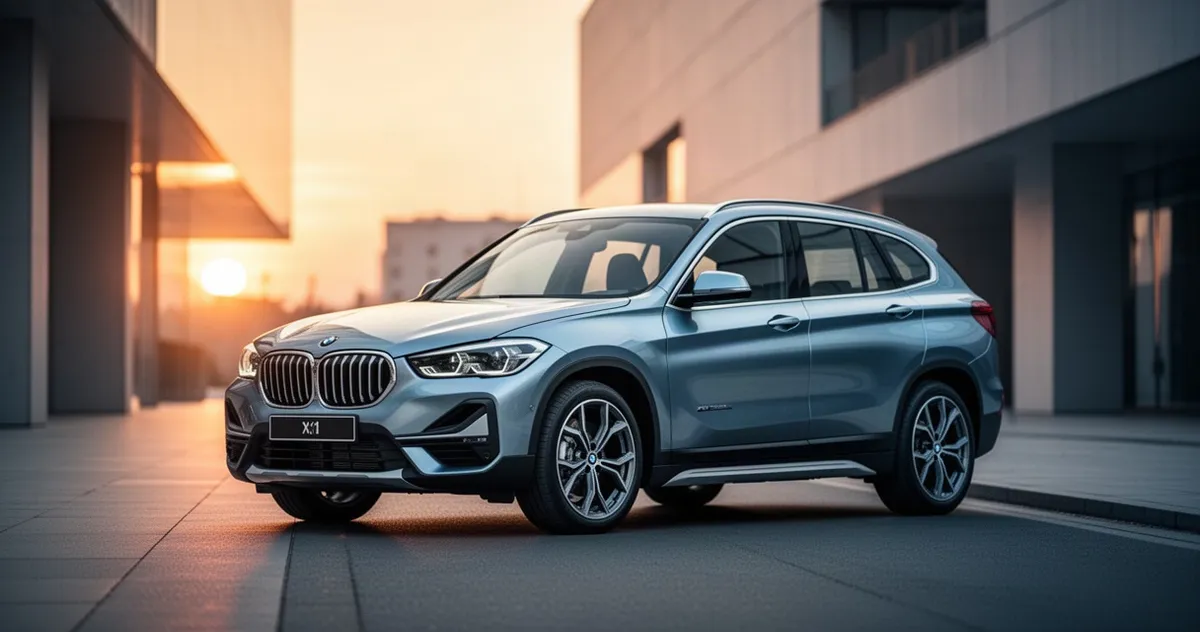 Nowoczesny SUV BMW X1 U11 zaparkowany na minimalistycznej miejskiej ulicy w świetle zachodzącego słońca.