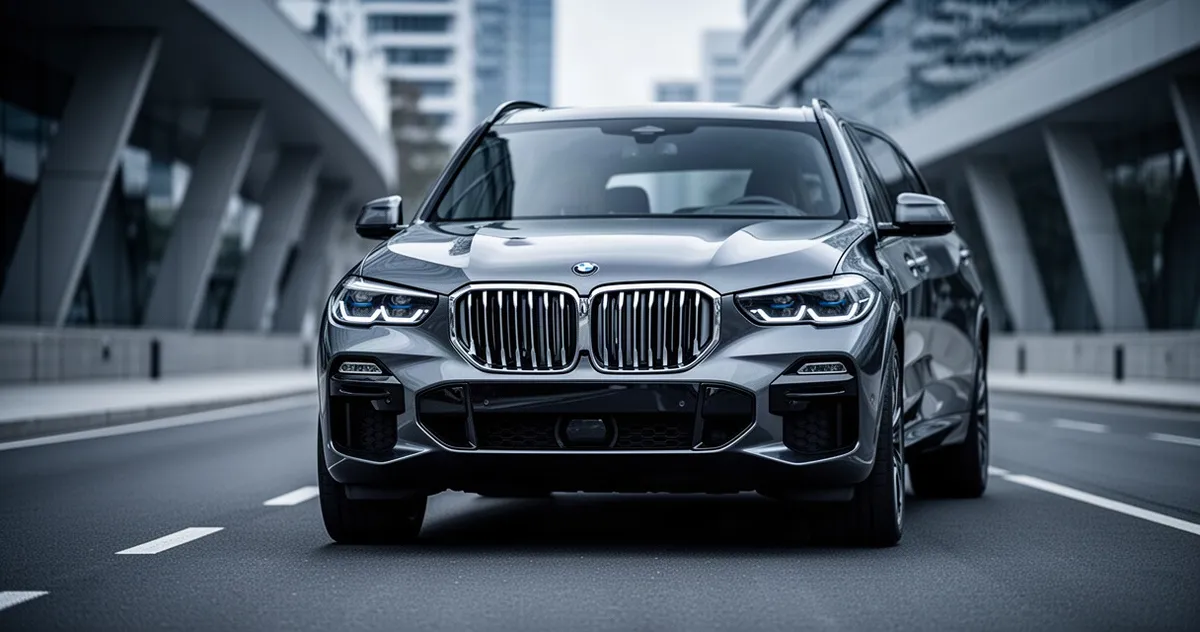 Metalicznie szare BMW X5 G05 zaparkowane na nowoczesnej drodze asfaltowej na tle rozmytej miejskiej architektury.