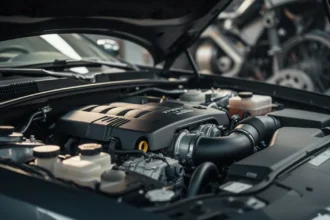 Otwarta komora silnika samochodu z widocznymi podzespołami mechanicznymi w chłodnym, industrialnym świetle.